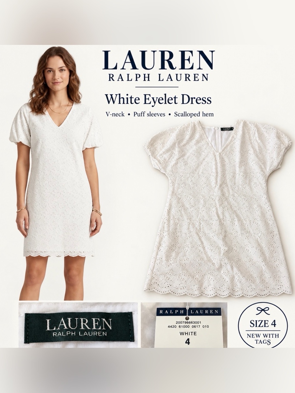 Lauren Ralph Lauren White Eyelet Puff Sleeve Dress Size 4 NWT